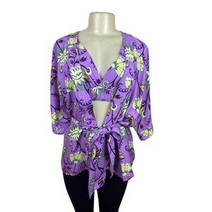 Hit Women's Purple Floral Robe Cover-Up & Matching Crop Top Tropical Set Sz PP